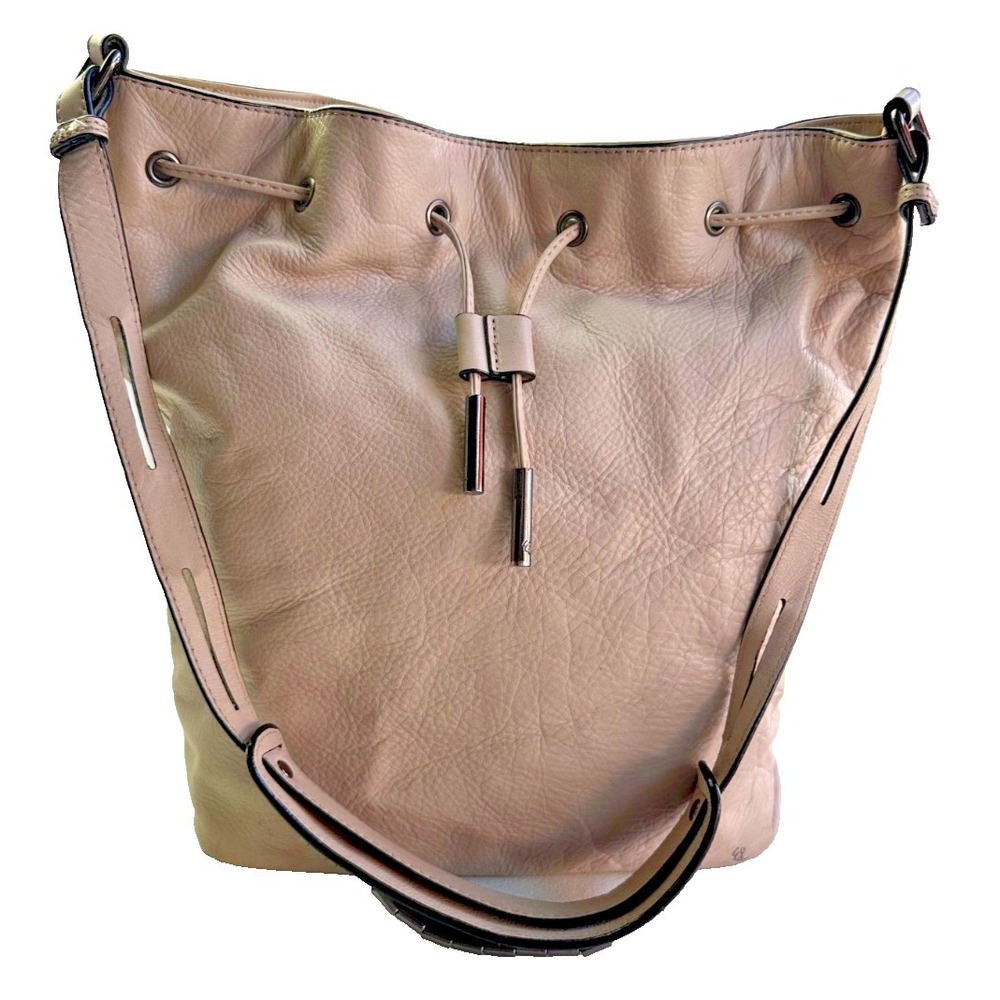 Elliott Lucca Beige Bone Leather Drawstring Bucket Tote Shoulder Bag Capsule
